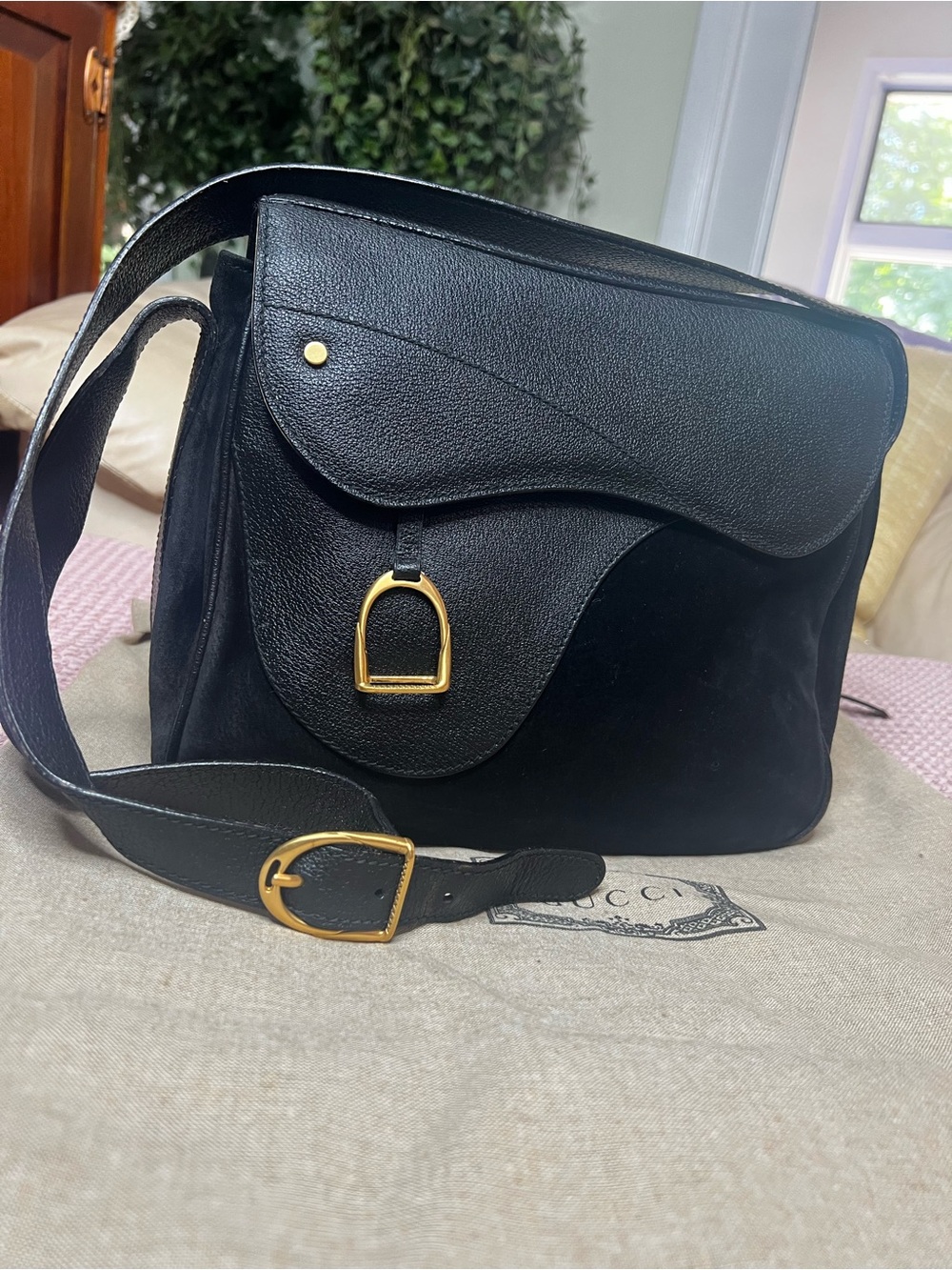 GUCCI STIRRUP SADDLE BAG VINTAGE BLACK LEATHER & SUEDE - Picture 5 of 16